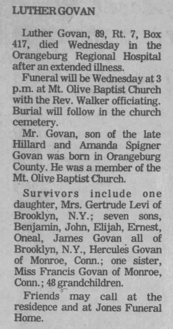 1979 fEB 20 oRANGEBURG,SC NEWSPAPER FOR LUTHER GOVAN OBITUARY SON OF HILLIARD AND AMANDA SPIGNER